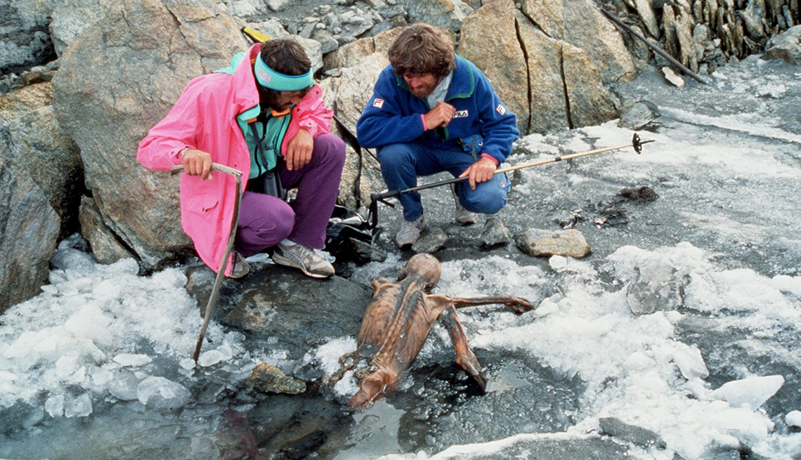 item 12 of Gallery image - German hikers exploring the Ötztal Alps on the border between Austria and Italy stumbled upon a mummified corpse lying face-down in a glacier. (1991)