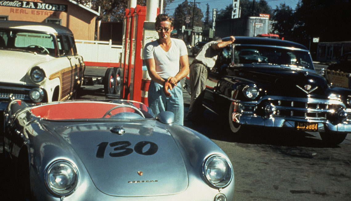 item 1 of Gallery image - James Dean at a gas station with his silver Porsche 550 Spyder