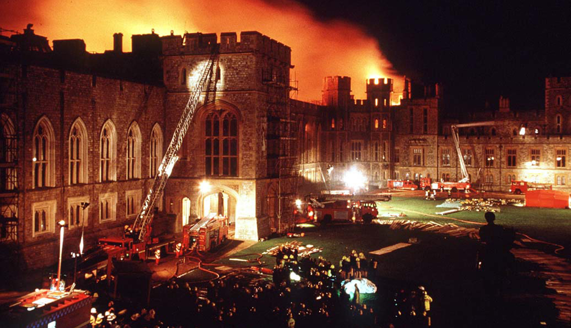 item 11 of Gallery image - fire at windsor castle; firetrucks and crowd of people outside building
