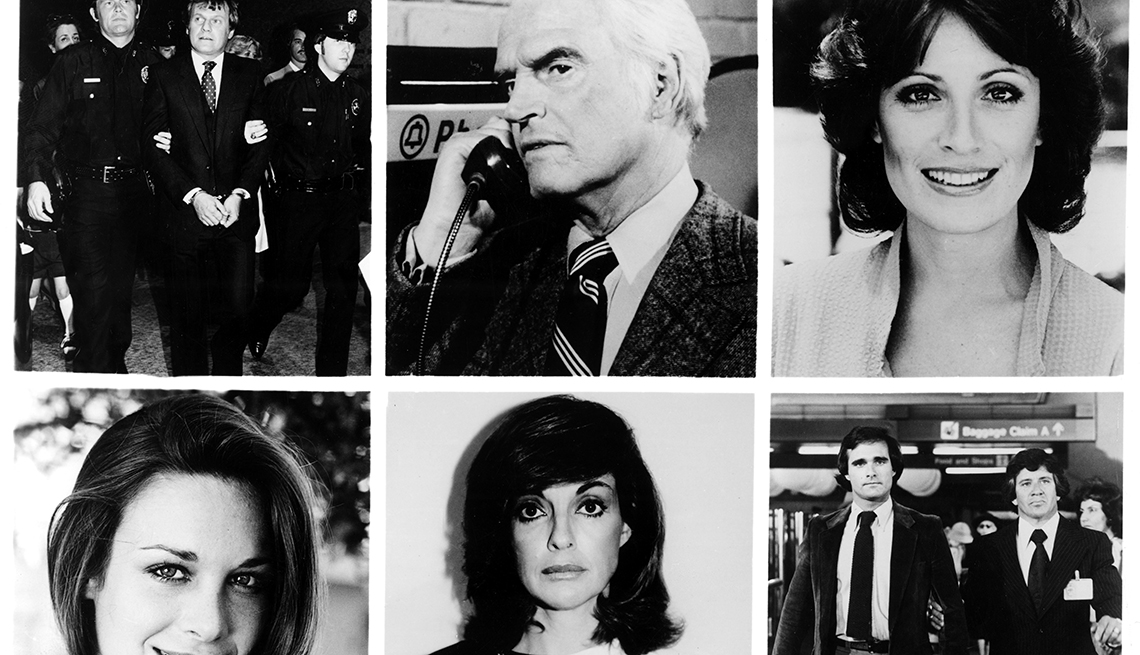 item 10 of Gallery image - black and white composite photo of suspects in case of who shot j r.; ken kercheval, dennis patrick, fern fitzgerald, mary crosby, linda gray and randolph powell