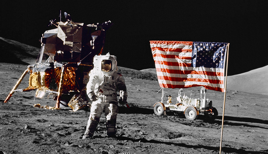 item 19 of Gallery image - harrison h schmitt, pilot of lunar module, standing on lunar surface of moon near united states flag