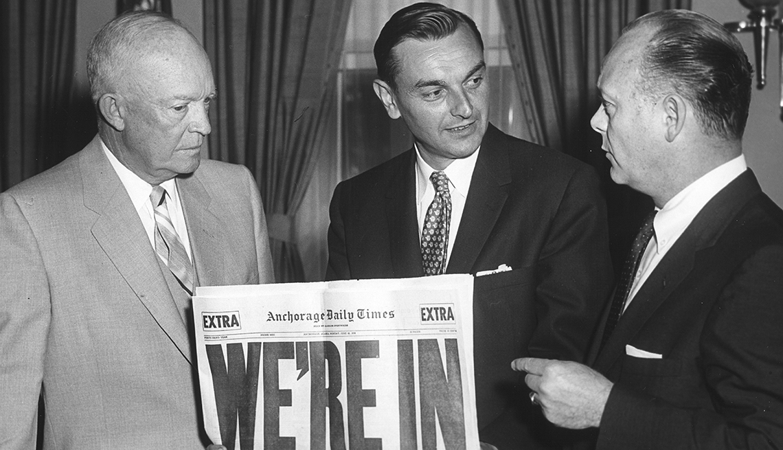 item 29 of Gallery image - president dwight eisenhower posing with governor of the alaska territories mike stepovich and Secretary of the interior fred andrew seaton holding anchorage daily times newspaper with headline we're in