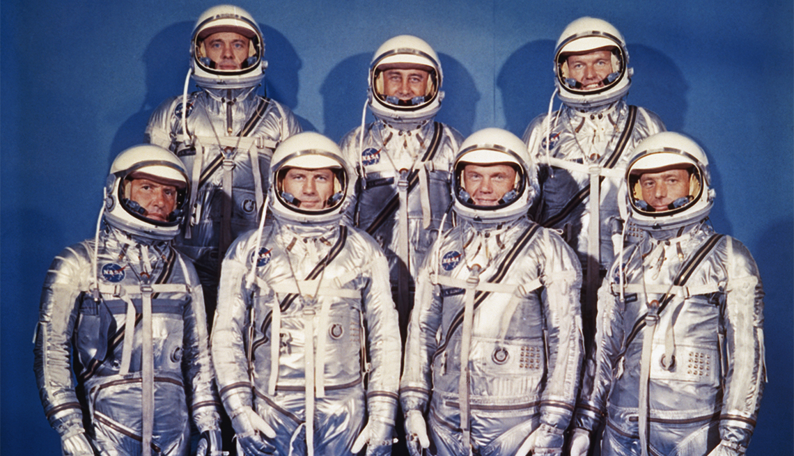 item 3 of Gallery image - The original seven Project Mercury astronauts: front row, left to right, are Walter M. Schirra, Jr., Donald "Deke" K. Slayton, John Glenn Jr. and M. Scott Carpenter. Back row, left to right, are Alan Shepard Jr., Virgil I. "Gus" Grissom and Gordon Copper.