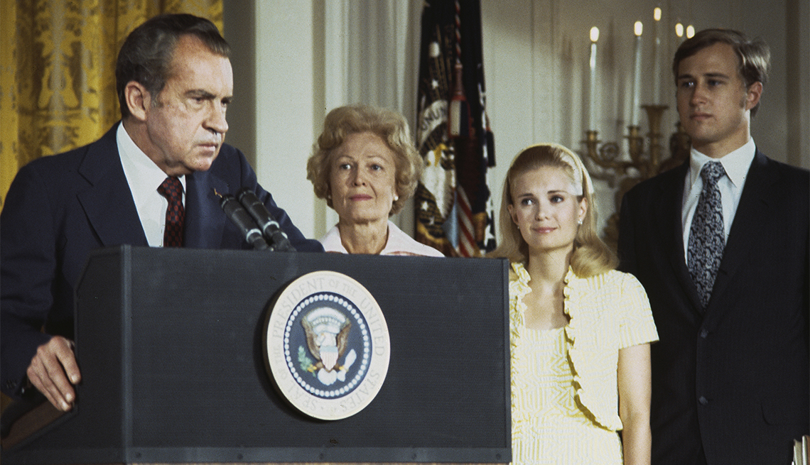 item 24 of Gallery image - Members of the Nixon family listen as former President Richard Nixon says goodbye to members of the cabinet and staff at the White House