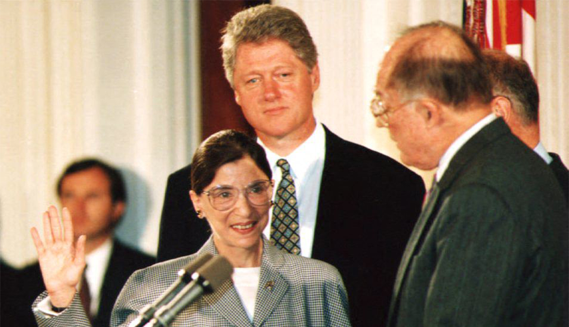 item 22 of Gallery image - Chief Justice of the U.S. Supreme Court William Rehnquist administers the oath of office to newly-appointed U.S. Supreme Court Justice Ruth Bader Ginsburg as U.S. President Bill Clinton looks on