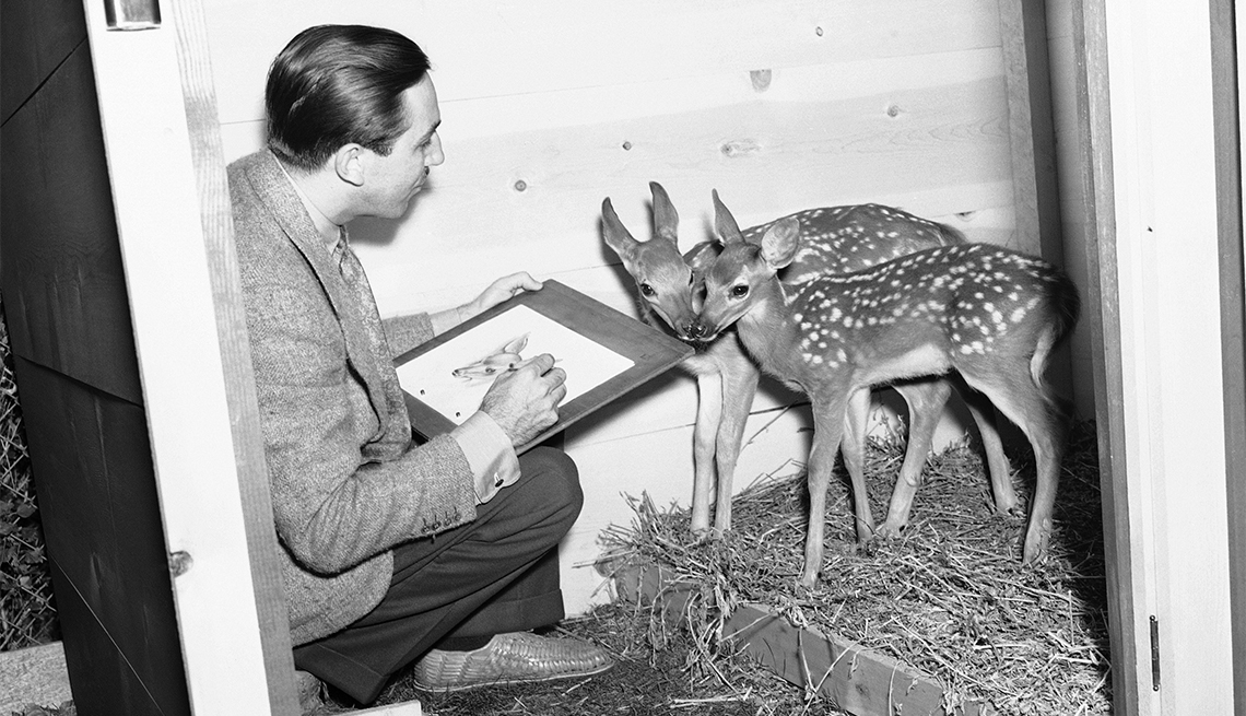 item 19 of Gallery image - Walt Disney sketches two 12-week-old fawns that will act as the models for the hero and heroine of Disney's new production, "Bambi"