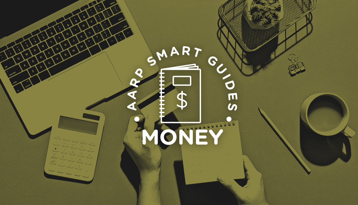 AARP Smart Guides Money graphic with someone's hands holding credit card, with laptop, calculator, other items on desk