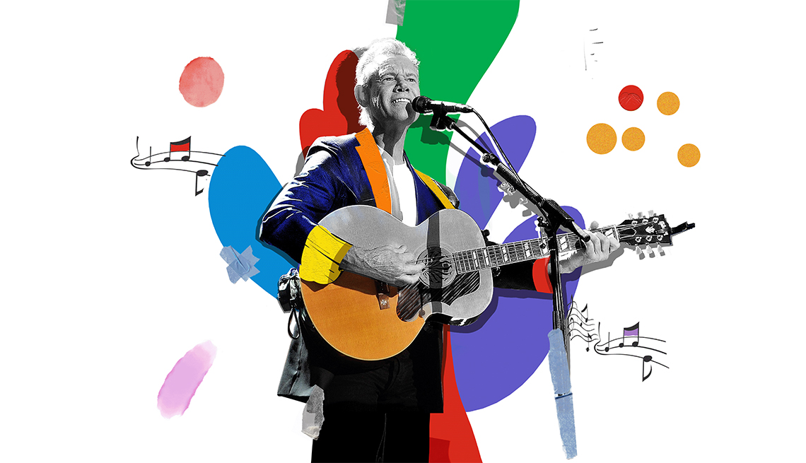 Colorful illustration of Randy Travis at microphone playing guitar