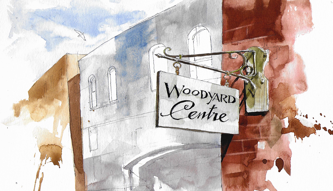 watercolor of a building with a woodyard centre sign hanging