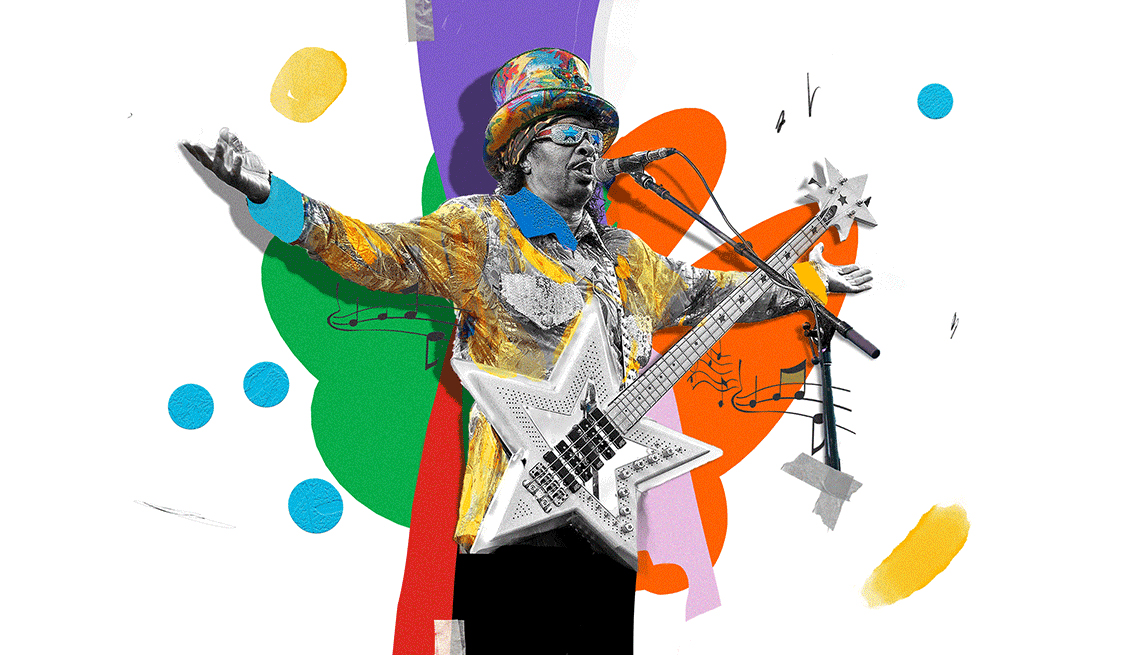 colorful illustration of Bootsy Collins at the mic holding a star-shaped guitar