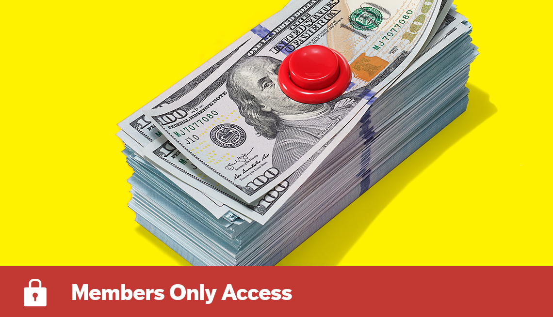 members only access. A pile of money with a red button on top