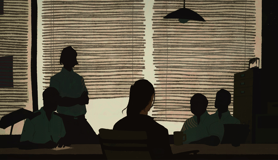 illustration of four silhouetted people around a table interrogating young woman in dark room with blinds shut