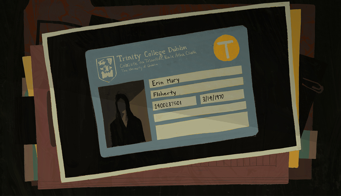 illustration of Trinity College Dublin student ID card for Erin Mary Flaherty DOB 3/14/1970 