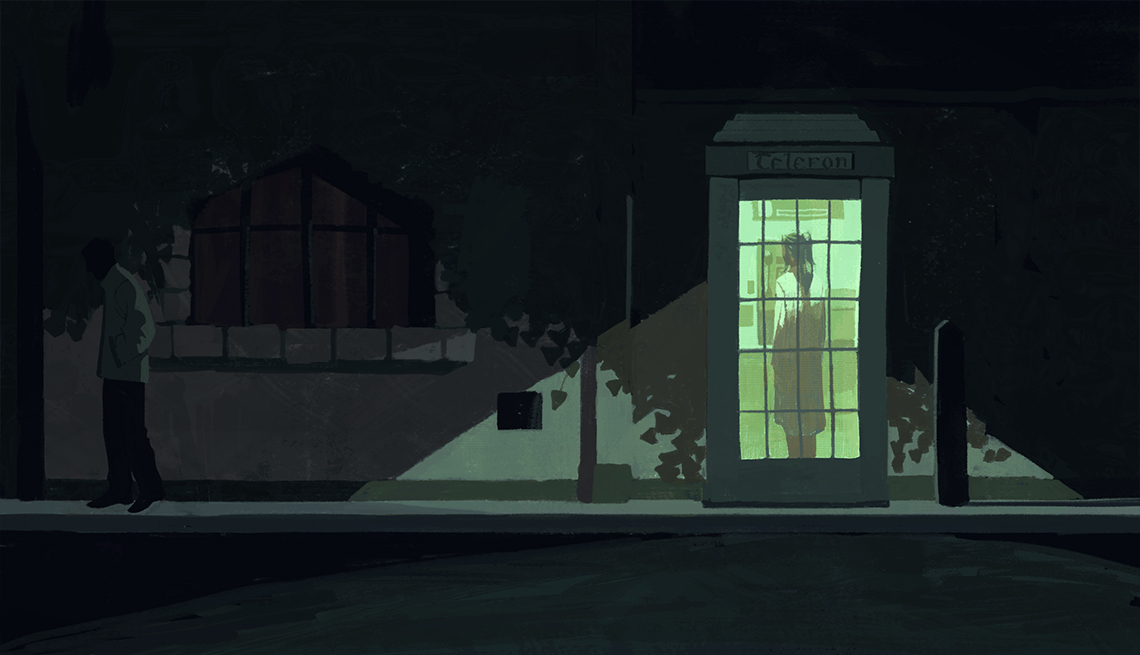 Illustration of a woman in a lit-up Irish phone booth on a dark street and a man in shadow