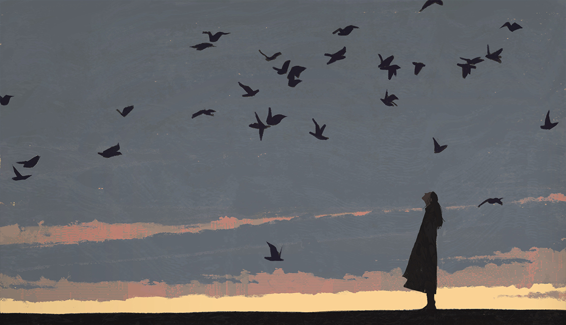 Illustration of woman in long coat on beach looking up at black birds flying against a sky of mostly gray clouds
