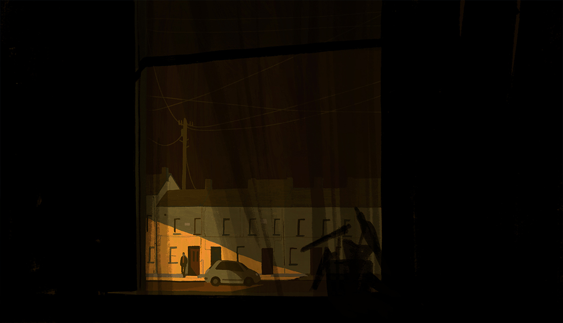 Illustration of view through window of man leaning against building on dark street