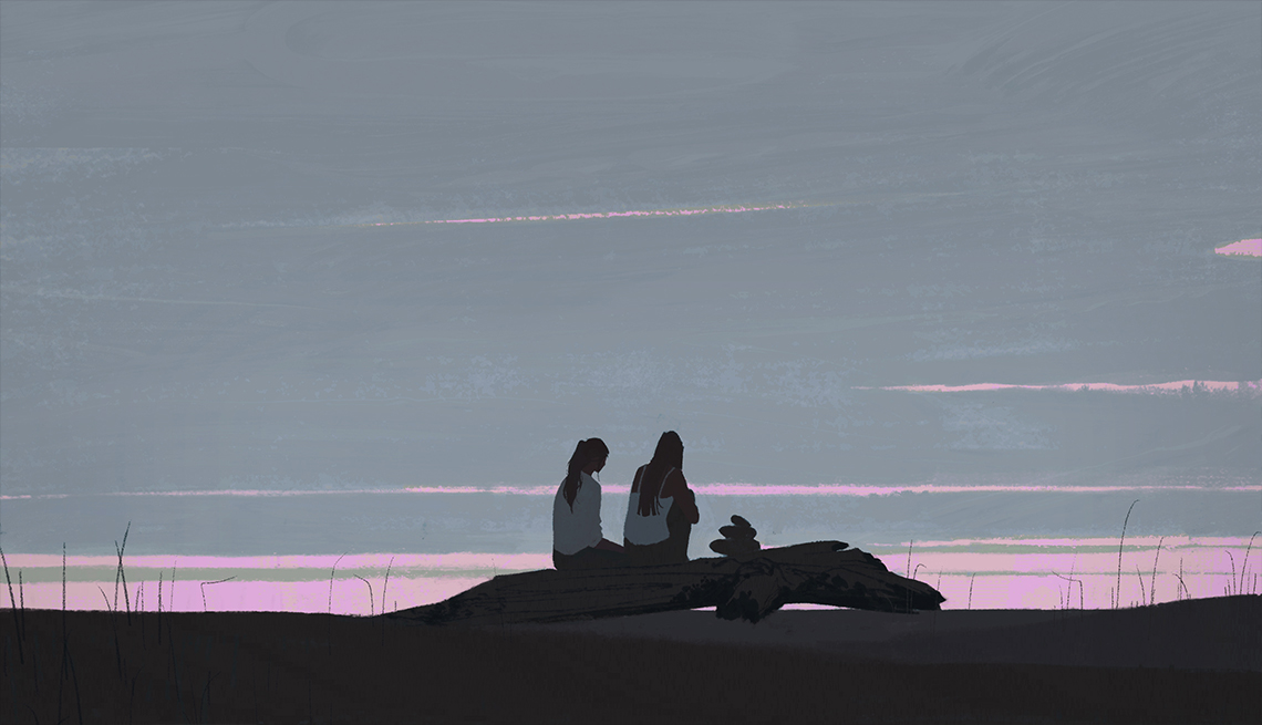 Illustration of two girls sitting on driftwood log on a beach on a cloudy morning