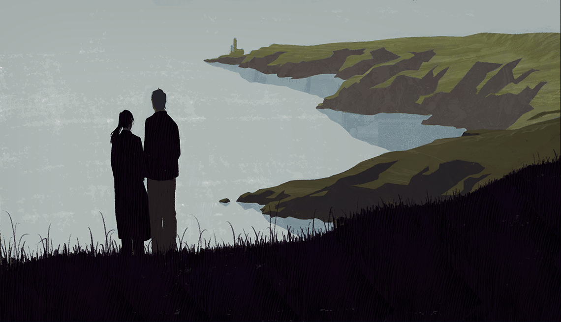 Illustration of man and woman on cliff overlooking the sea at Howth Head, Ireland