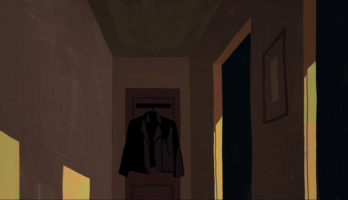 Illustration of leather jacket hanging on door at end of apartment hallway
