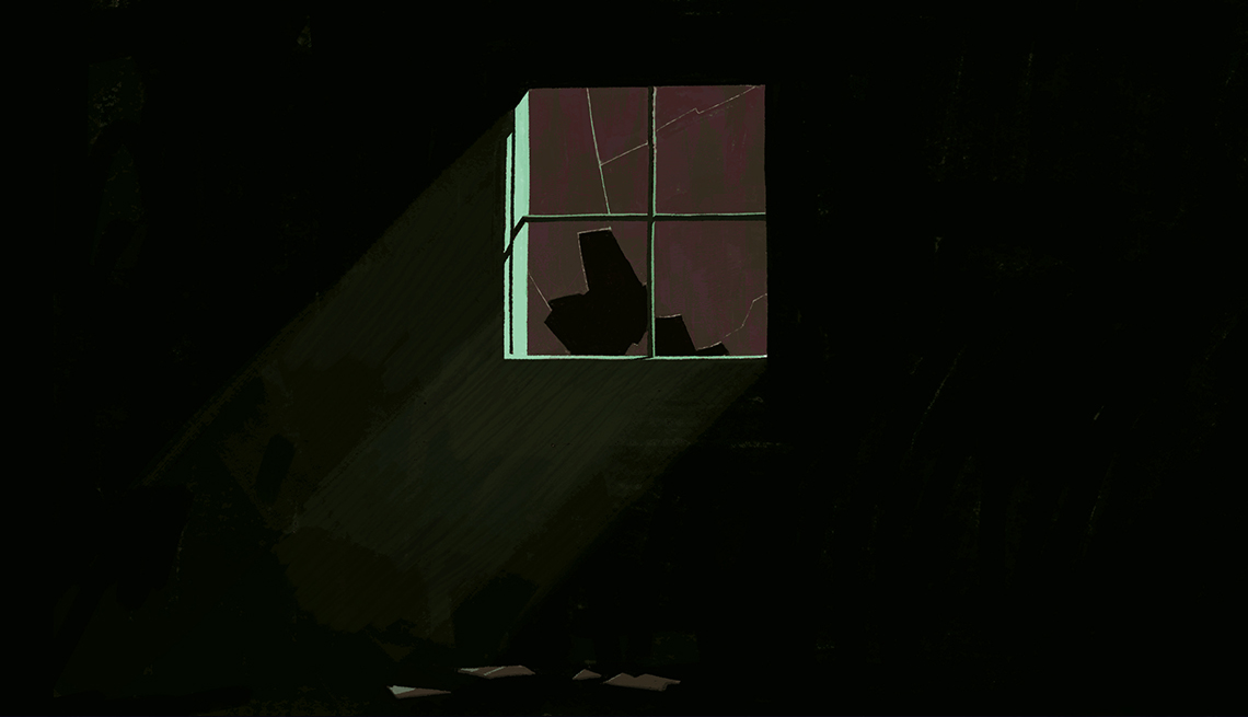 Illustration of broken window and shards of glass in darkness