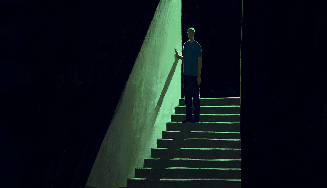 Illustration of man on dark basement stairs