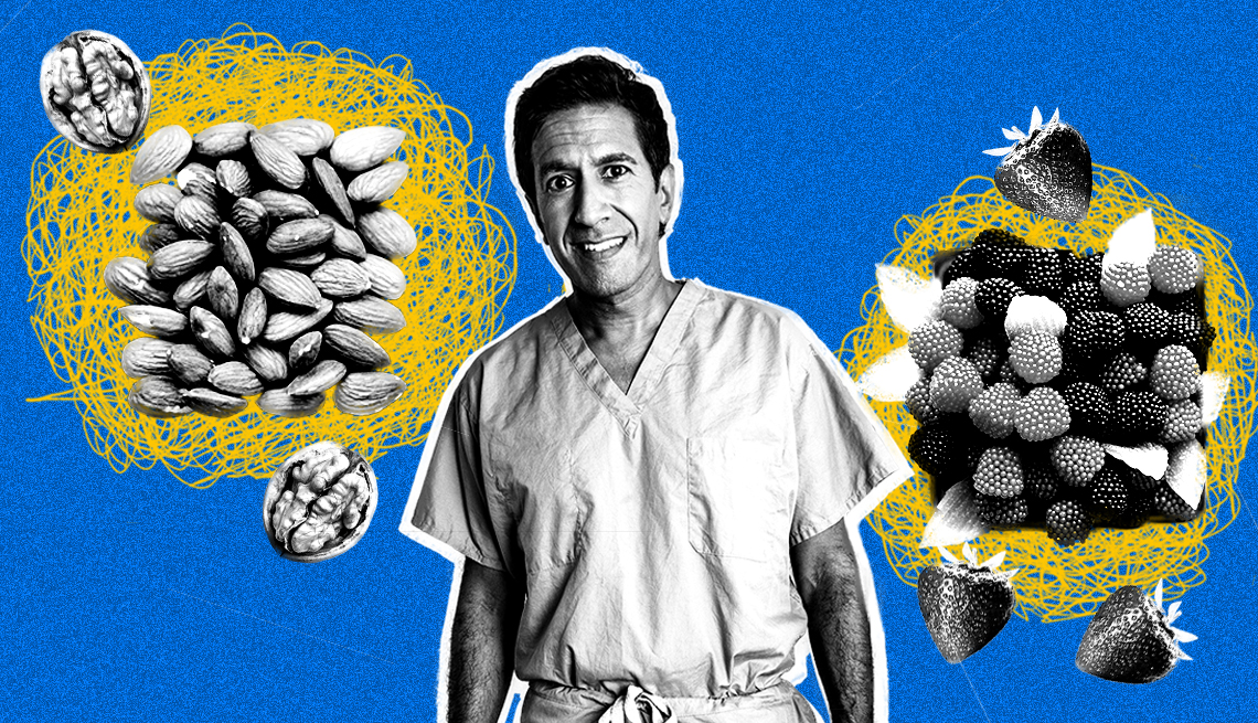 Photo montage of Dr. Sanjay Gupta with berries and nuts