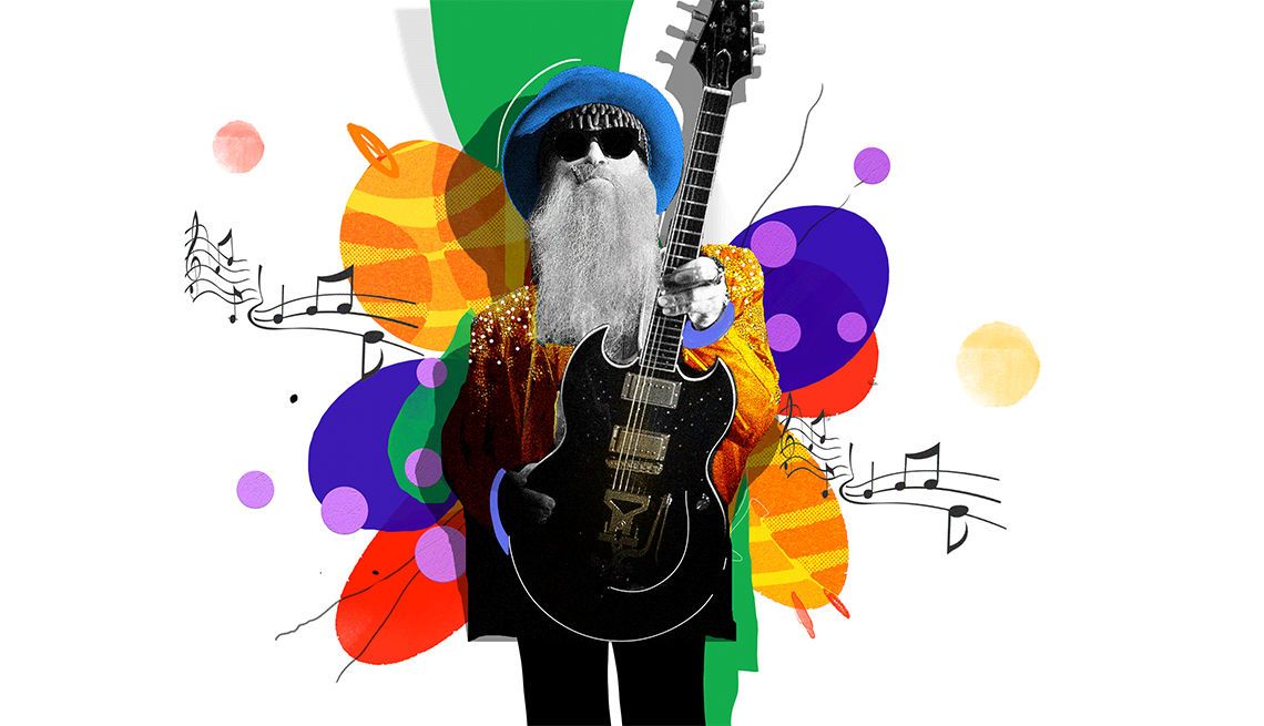 Colorful illustration of Billy F. Gibbons of ZZ Top holding guitar