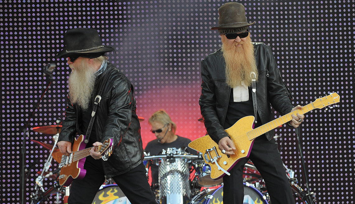 Billy F. Gibbons, Frank Beard, Dusty Hill of ZZ Top performing onstage