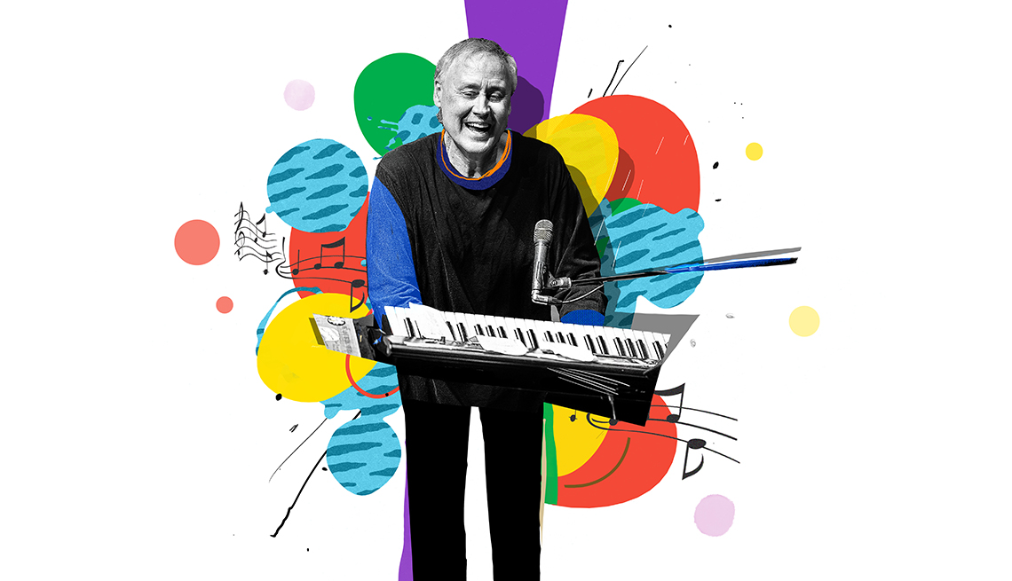 colorful illustration of Bruce Hornsby playing keyboard