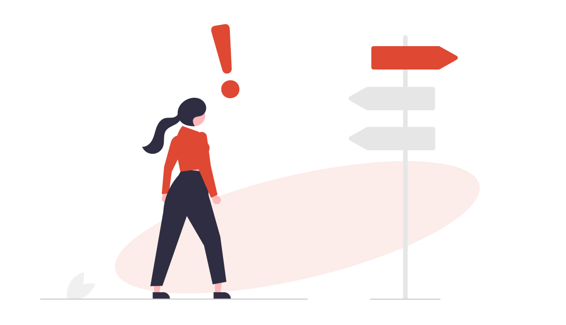 conceptual illustration of woman with exclamation point over her head looking at directional sign with three arrows 