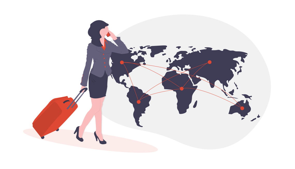 illustration of businesswoman on phone with rolling suitcase and large world map showing network connections