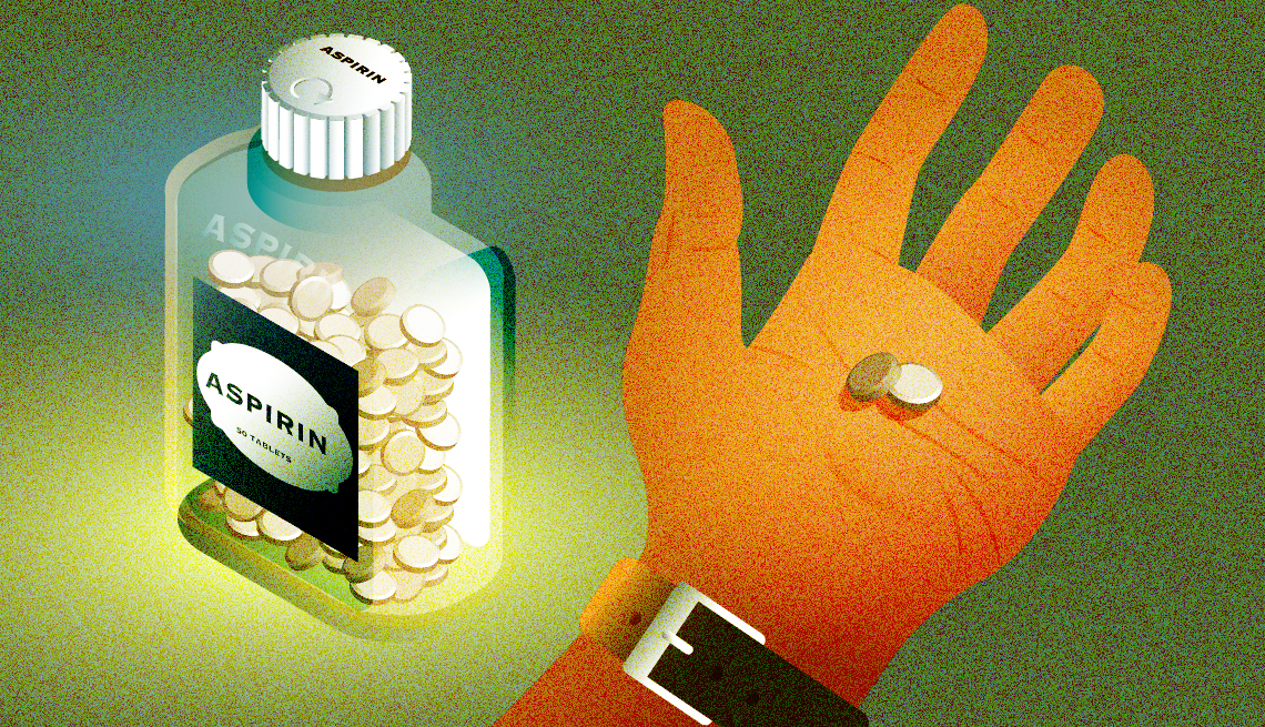 illustration of a man's hand holding two tablets next to a bottle of aspirin