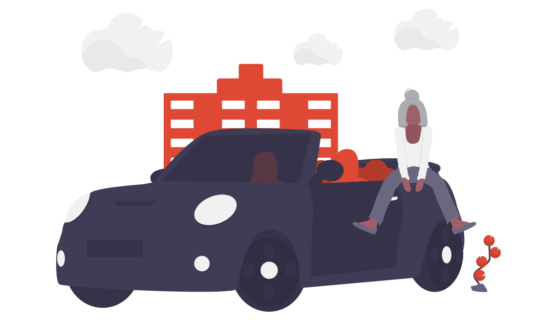 conceptual illustration of a person sitting on the back of a vehicle with a building and clouds in the background