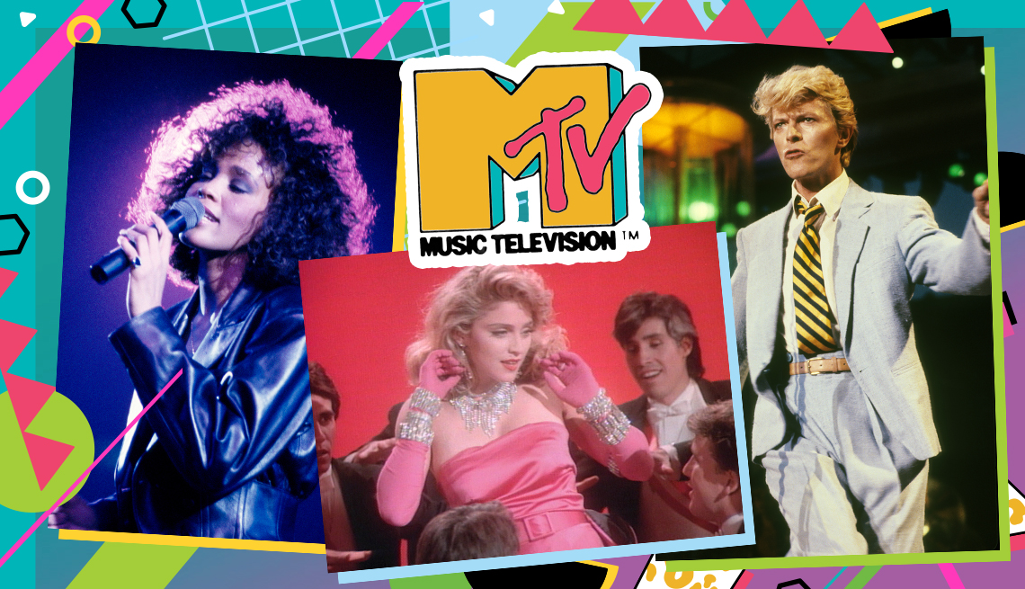 collage of Whitney Houston, Madonna, and David Bowie with MTV Music Television(TM) logo and colorful border