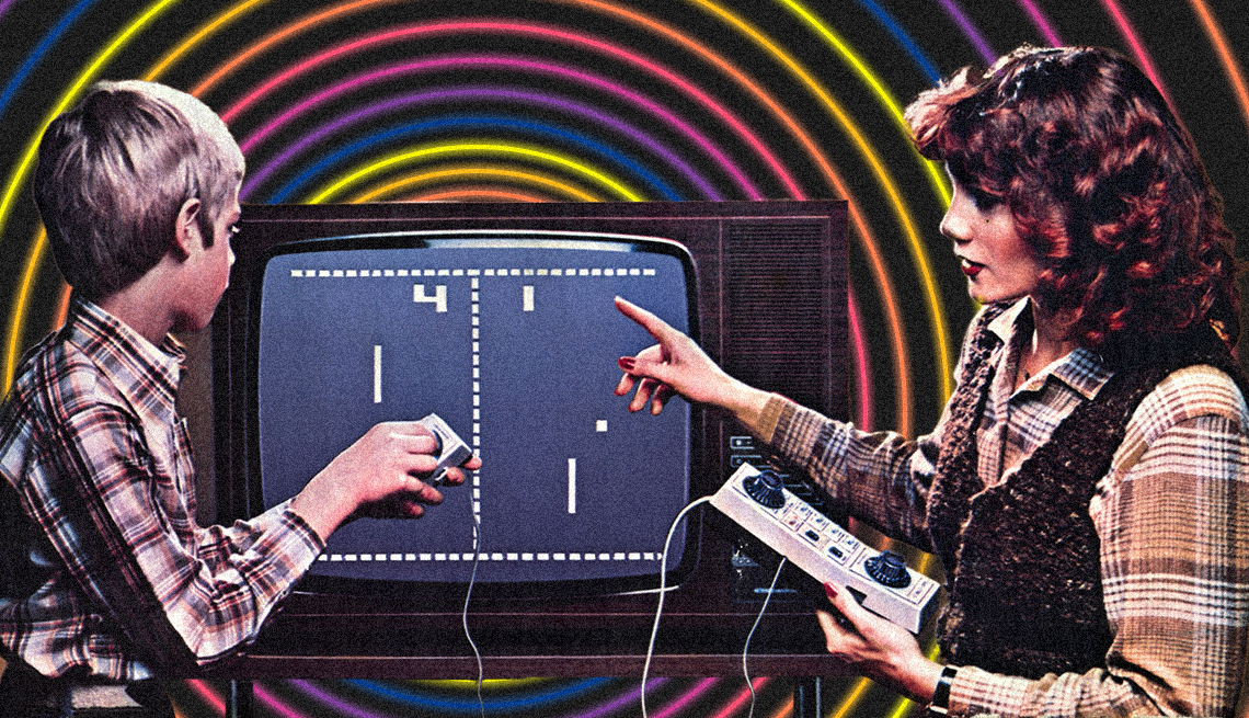 retro photo of woman and boy playing Atari game Pong on old television