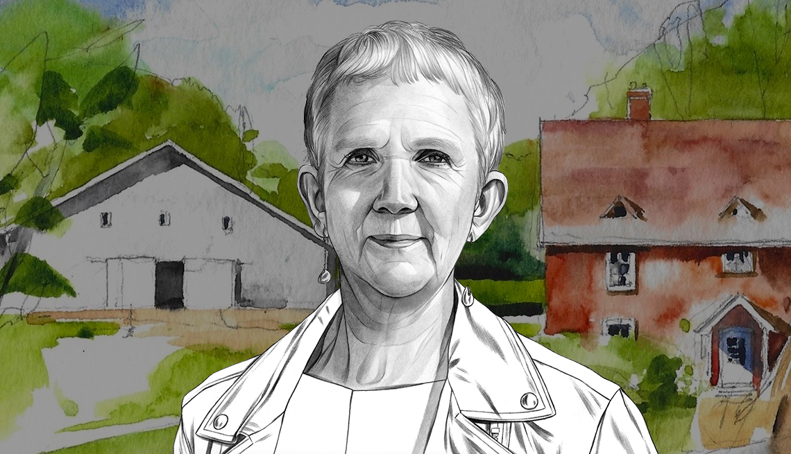 illustration of Ann Cleeves with red house and white barn in background