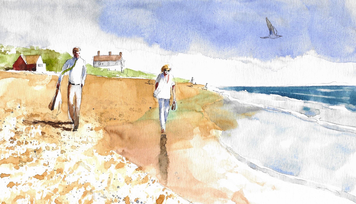 illustration of a woman in jeans and t-shirt and a man in business clothes holding suit jacket walking along the beach