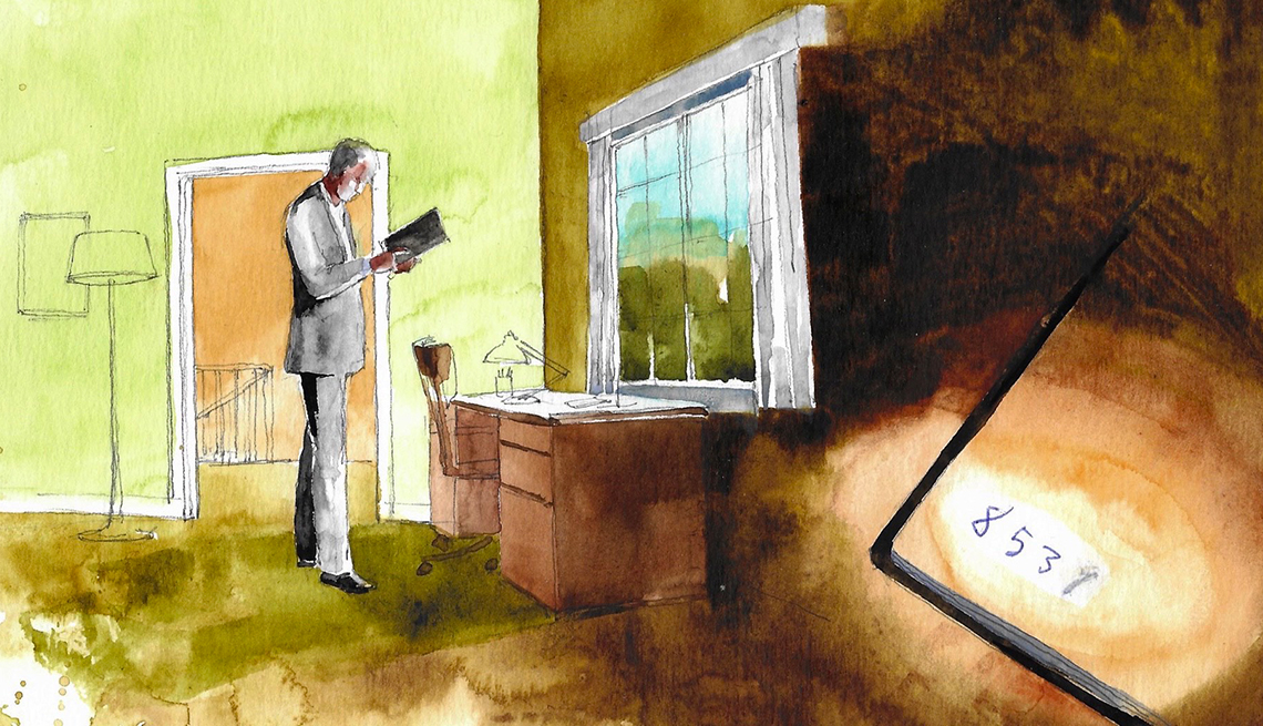 illustration of a man in a suit standing near a desk and window looking at a diary, and a detail showing corner of a page with 8531 or 8537 written on it