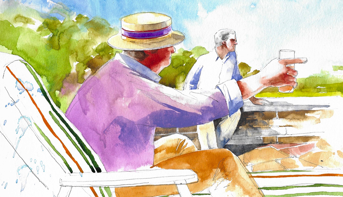 illustration of a man in a straw hat sitting on sun lounger, lifting a glass in greeting, and another man close by