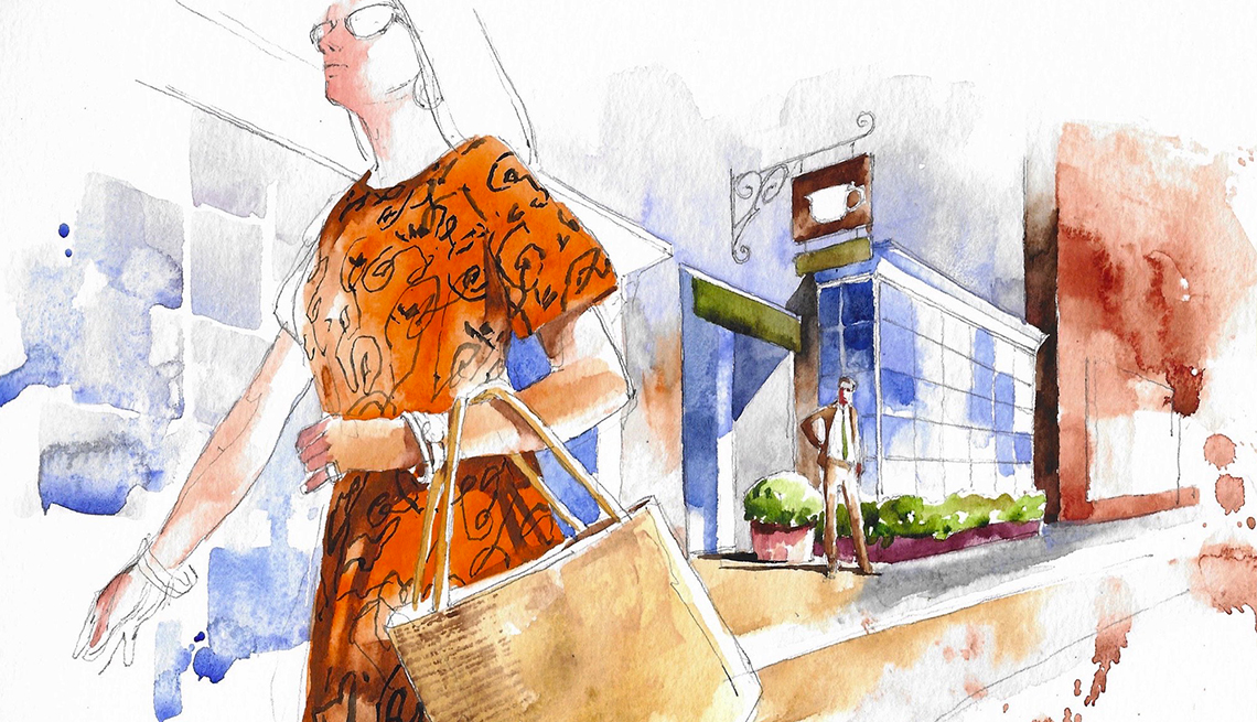 illustration of a woman wearing orange dress carrying large straw handbag walking down a street, and a man in the doorway of a tea shop looking in her direction