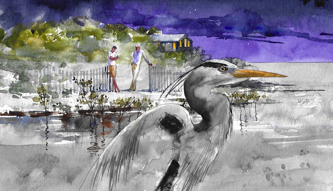 illustration of a grey heron on water with two men in the background leaning on picket fence and behind them a house with yellow light in windows against a purple sky
