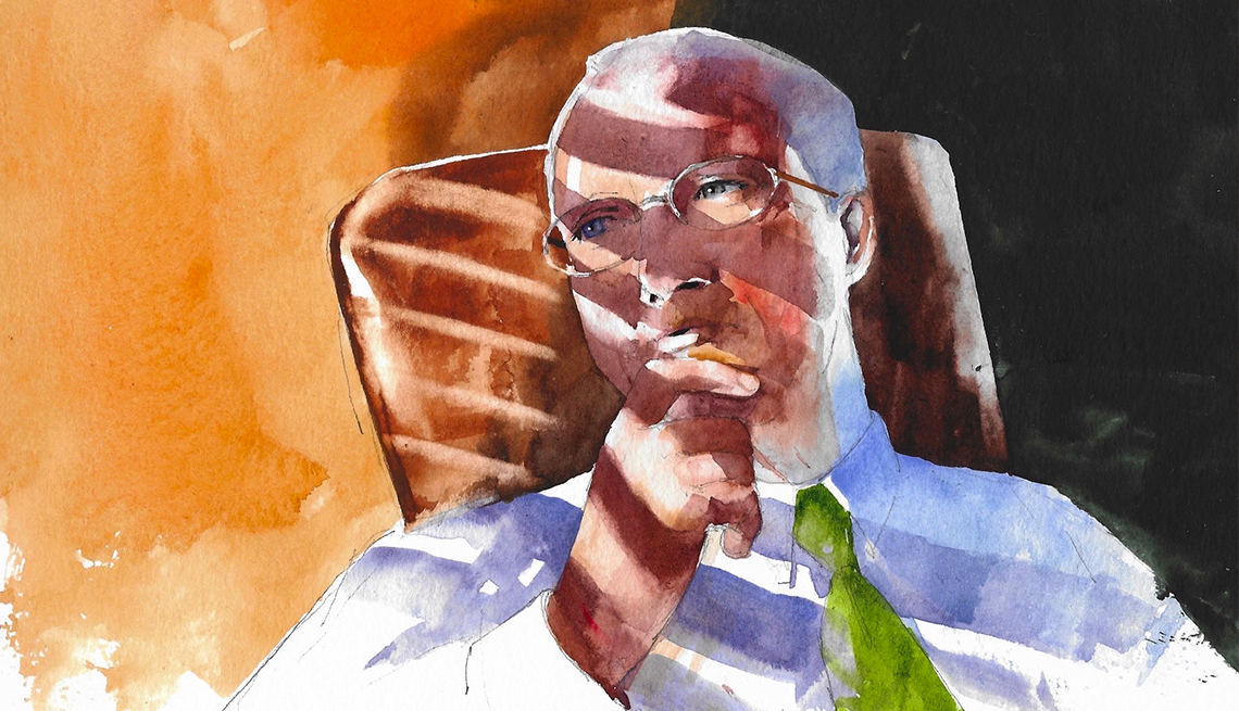 illustration of a man in a shirt and tie, wearing glasses with chin resting on his hand, sitting in a chair looking pensive