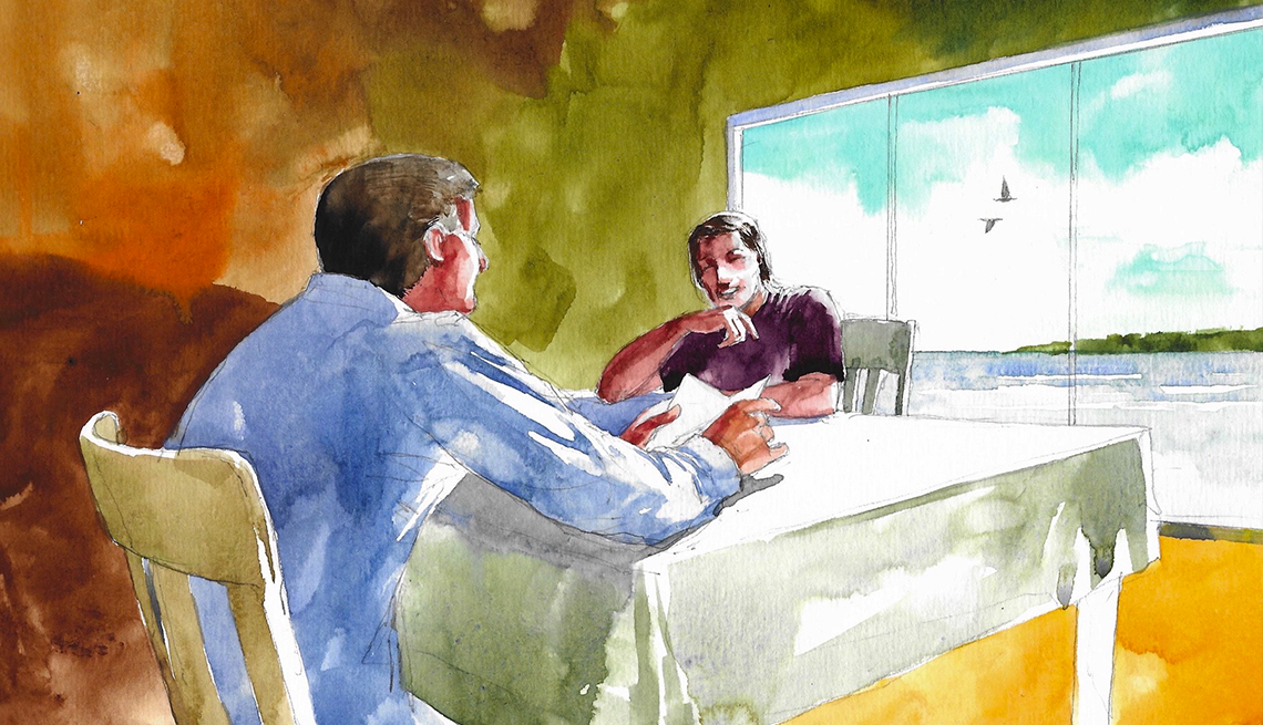 illustration of two people sitting in a colorful room at a table beside a large window with a water view and two birds flying past 