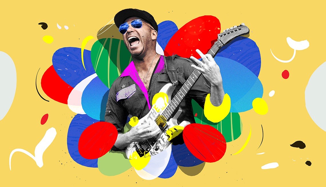 Colorful illustration with Tom Morello in sunglasses and hat playing guitar and singing