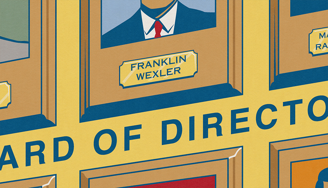 illustration of board of directors plaques on a wall, with only one legible with name "franklin wexler" but face is not visible