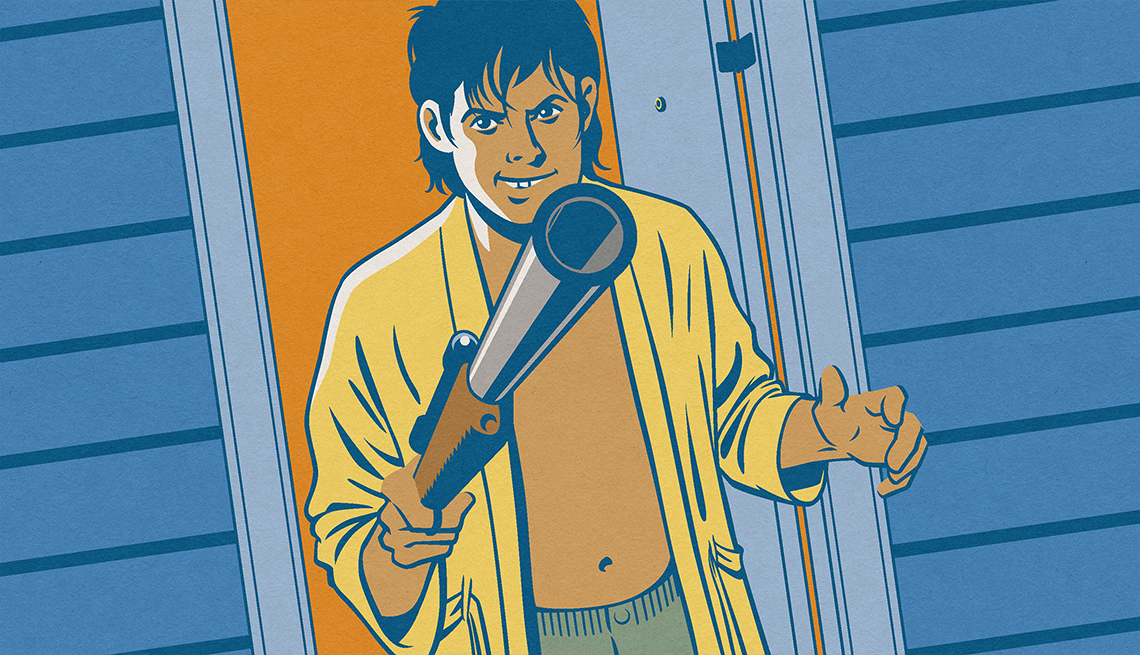 illustration of a man standing at his open front door in his bathrobe, holding a rifle out in front of him