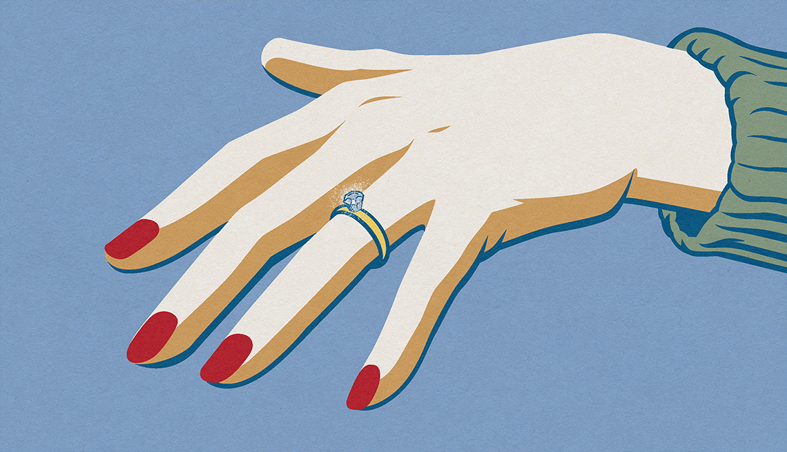 illustration of a woman’s hand with with a diamond engagement ring on it and nails painted red