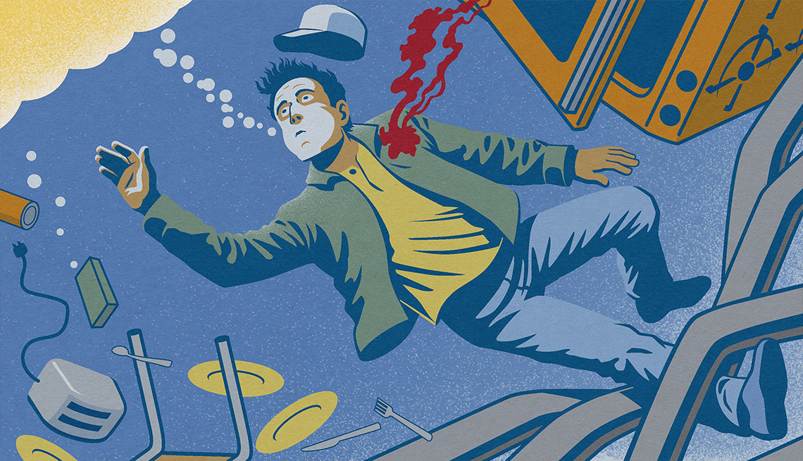 illustration of a man under water holding his breath with bubbles coming from his mouth and blood coming from his shirt, surrounded by floating objects including his cap, a stove, plates, a toaster, cutlery, and steal beams