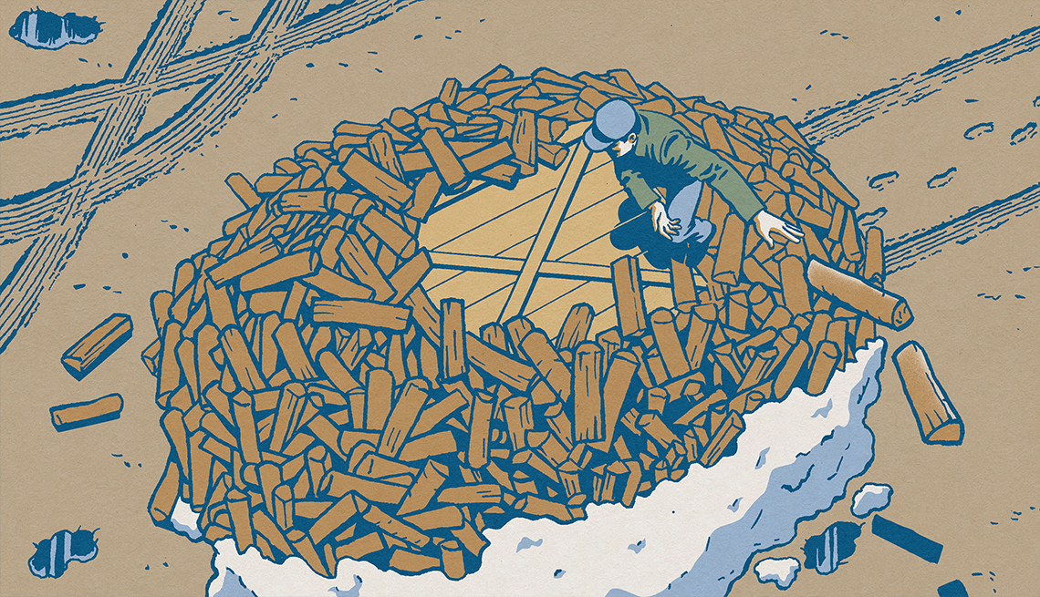 illustration of a man surrounded by a precarious pile of split firewood in the snow, and tire tracks and footprints 