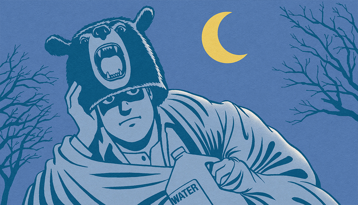illustration of a man holding a jug of water and wearing a poncho holding a snarling bear head over his eyes like a helmet, standing under the night sky and a crescent moon